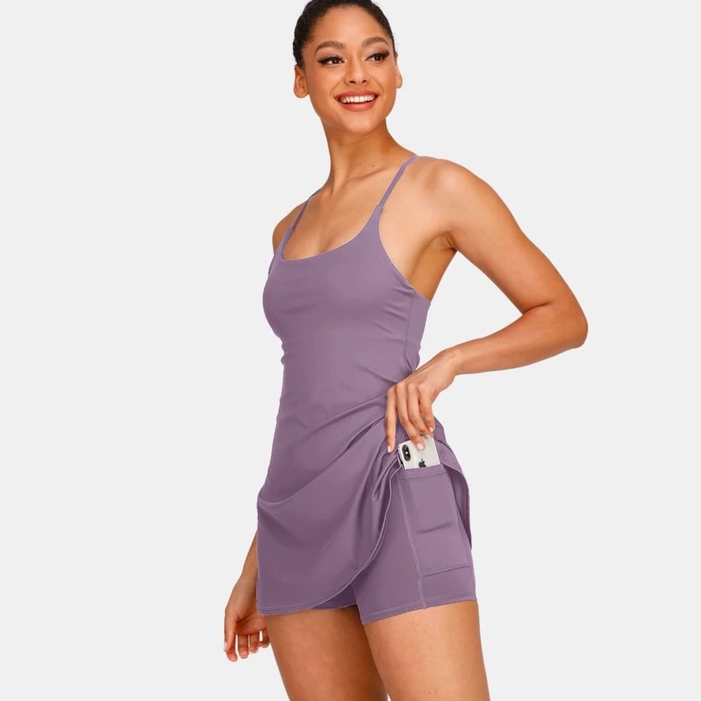 Womens Workout Exercise Dress with Built-in Sports Bra and Spandex in Purple